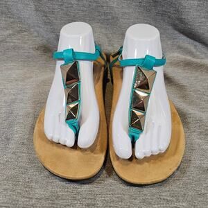 Vionic Nala Blue Nappa Leather Geo Gold T backstrap buckle thong sandals sz 9